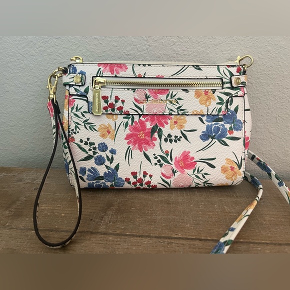 Liz Claiborne White w/ Colorful Floral Print Crossbody Bag Purse Card Slots 9x6” - Picture 1 of 16